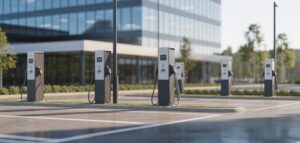 En översiktsbild av flera laddstationer på en företags parkering, visar investeringen i laddinfrastruktur för anställda.